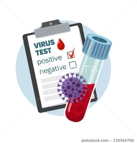 Virus Test Positive Result with Blood Sample and Clipboard. Medical Flat vector illustration of a blood sample tube, and virus, representing infection diagnosis, laboratory testing and screening. Virus Test Positive Result with Blood Sample and Clipboard. Medical Flat vector illustration of a blood sample tube, and virus, representing infection diagnosis, laboratory testing and screening. 138564706
