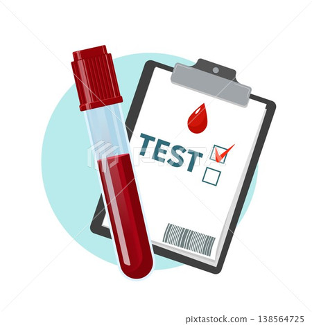Blood Test Laboratory Report vector illustration. Blood test result on clipboard with checkmark and test tube, representing medical diagnostics, laboratory analysis, and healthcare screening. Blood Test Laboratory Report vector illustration. Blood test result on clipboard with checkmark and test tube, representing medical diagnostics, laboratory analysis, and healthcare screening. 138564725