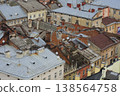 High angle view of Rynok Square in Lviv Ukraine with historic architecture, cobblestone streets and people walking 138564758