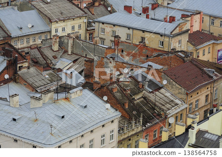 High angle view of Rynok Square in Lviv Ukraine with historic architecture, cobblestone streets and people walking 138564758