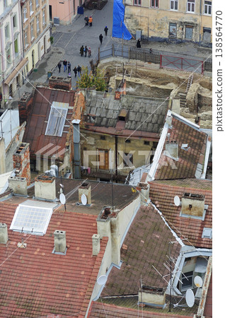 High angle view of Rynok Square in Lviv Ukraine with historic architecture, cobblestone streets and people walking 138564770