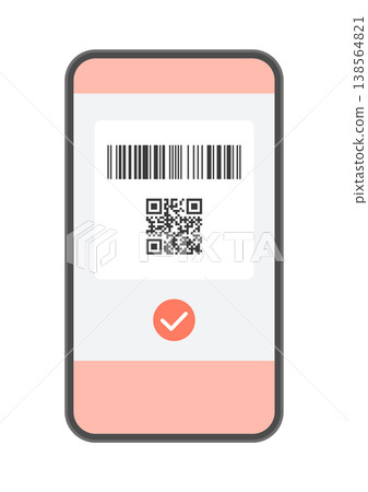 A smartphone displaying a barcode, QR code, and checkmark - Image of completed code payment. A smartphone displaying a barcode, QR code, and checkmark - Image of completed code payment. 138564821