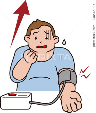 一幅插圖描繪了一位中年男子在家測量血壓,並對高讀數感到驚訝。 一幅插圖描繪了一位中年男子在家測量血壓,並對高讀數感到驚訝。 138564923