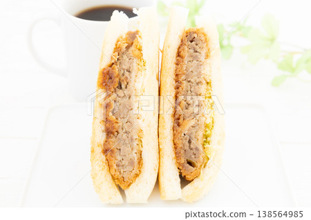 Delicious Menchi-katsu sandwich and coffee 138564985