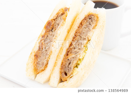 Delicious Menchi-katsu sandwich and coffee 138564989