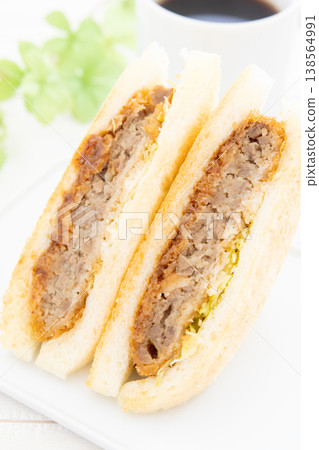 Delicious Menchi-katsu sandwich and coffee Delicious Menchi-katsu sandwich and coffee 138564991