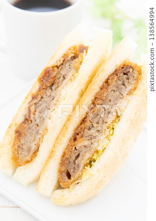 Delicious Menchi-katsu sandwich and coffee 138564994