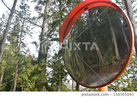 A view from the Higashiyama walking trail leading to Shiroyama Park in Takayama City, Gifu Prefecture, Japan, reflected in a convex mirror. A view from the Higashiyama walking trail leading to Shiroyama Park in Takayama City, Gifu Prefecture, Japan, reflected in a convex mirror. 138565093