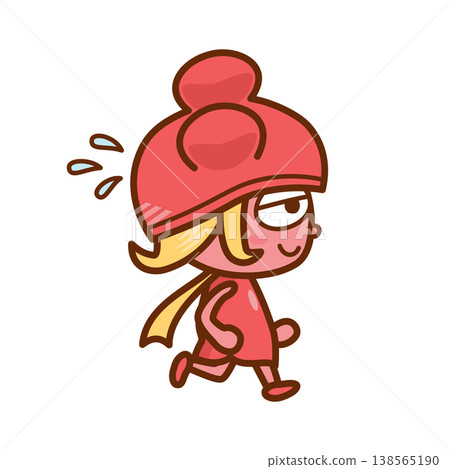 一位穿著草莓圖案連身裙的女孩奔跑的插圖（側視圖）。 138565190