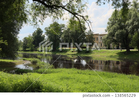 Lush estate surrounded by aging trees near peaceful water Lush estate surrounded by aging trees near peaceful water 138565229