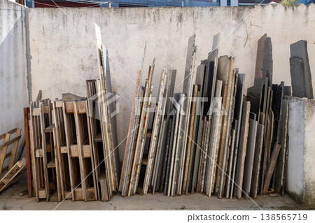 Stone slabs and marble panels storage in construction yard urban building material industry workshop 138565719
