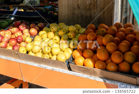 Fresh vegetables and fruits display at local street market in Barcelona Spain colorful organic produce assortment Fresh vegetables and fruits display at local street market in Barcelona Spain colorful organic produce assortment 138565722