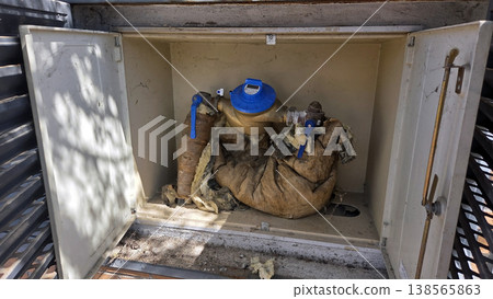 Open utility cabinet with water meter and insulated pipes for outdoor supply maintenance and infrastructure access Open utility cabinet with water meter and insulated pipes for outdoor supply maintenance and infrastructure access 138565863