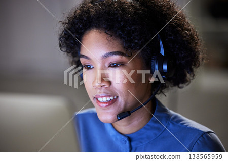 Computer, customer support face and business woman communication, contact center and reading bank account info. Loan advisory, night services and insurance agent telemarketing on online sales pitch 138565959