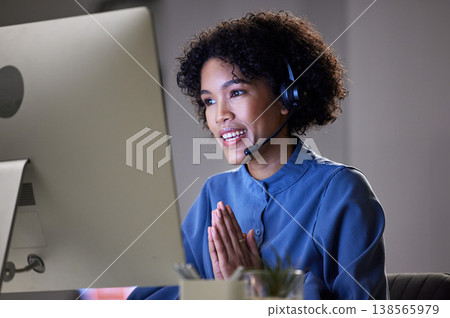 Computer video conference, customer support and professional woman consultation, discussion or conversation. Virtual meeting contact, call center or night consultant with thank you gesture on webinar Computer video conference, customer support and professional woman consultation, discussion or conversation. Virtual meeting contact, call center or night consultant with thank you gesture on webinar 138565979