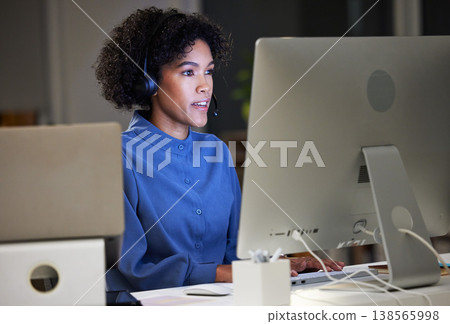 Computer, call center and night business woman typing customer service report, telemarketing and help desk advice. Overtime tech support, communication and advisory agent working on ecommerce sales Computer, call center and night business woman typing customer service report, telemarketing and help desk advice. Overtime tech support, communication and advisory agent working on ecommerce sales 138565998