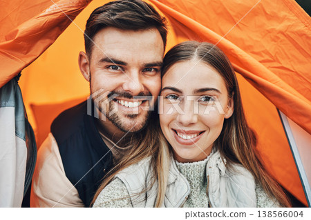 Happy couple, face and portrait in tent for camping, holiday vacation or travel together on outdoor adventure. Man and woman smile in relationship for weekend on camp site, journey or love in nature Happy couple, face and portrait in tent for camping, holiday vacation or travel together on outdoor adventure. Man and woman smile in relationship for weekend on camp site, journey or love in nature 138566004