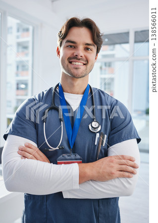 Medical portrait, arms crossed and happy man, doctor or surgeon with confidence, nurse pride and ready for wellness service. Healthcare trust, happiness and nursing medic for cardiology support help Medical portrait, arms crossed and happy man, doctor or surgeon with confidence, nurse pride and ready for wellness service. Healthcare trust, happiness and nursing medic for cardiology support help 138566011