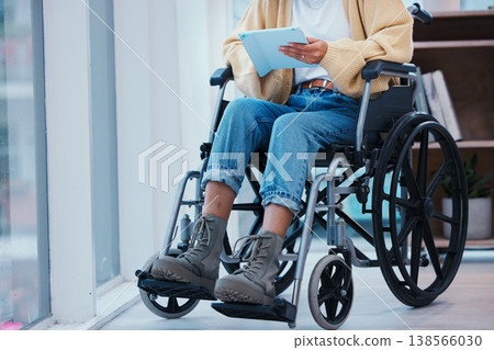 Inclusion, tablet and a person in a wheelchair at the office for communication, planning or the internet. Sitting, online and an employee with a disability, typing and technology for digital work Inclusion, tablet and a person in a wheelchair at the office for communication, planning or the internet. Sitting, online and an employee with a disability, typing and technology for digital work 138566030