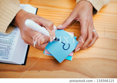 Woman, bible and question on sticky note, hands and god for worship, religion and spiritual. Christian, faith and education for christ, believe and respect for scripture, prayer and holy knowledge Woman, bible and question on sticky note, hands and god for worship, religion and spiritual. Christian, faith and education for christ, believe and respect for scripture, prayer and holy knowledge 138566125