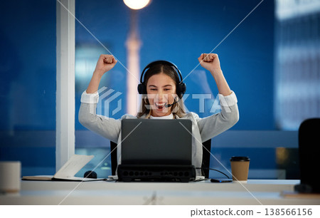 Woman, call center winner and laptop for success, winning and night achievement, target celebration or sales in office. Happy agent or consultant yes, fist and excited for news or service on computer Woman, call center winner and laptop for success, winning and night achievement, target celebration or sales in office. Happy agent or consultant yes, fist and excited for news or service on computer 138566156