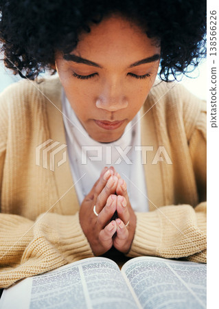Woman, bible and praying in Church, worship and Christian religion, reading or studying. Person, holy book and meditation for God, Jesus Christ and faith in spiritual gospel, praise or hope for help Woman, bible and praying in Church, worship and Christian religion, reading or studying. Person, holy book and meditation for God, Jesus Christ and faith in spiritual gospel, praise or hope for help 138566226
