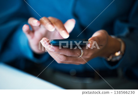 Business woman, hands and phone typing in social media, communication or networking at office. Closeup of person or employee on mobile smartphone for online texting, chatting or search at workplace Business woman, hands and phone typing in social media, communication or networking at office. Closeup of person or employee on mobile smartphone for online texting, chatting or search at workplace 138566230