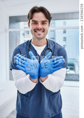 Doctor, portrait and gloves with smile in hospital, medicine and communication for healthcare in hands. Man, nurse and face in welcome gesture to surgery, patient help and consulting clinic in trust Doctor, portrait and gloves with smile in hospital, medicine and communication for healthcare in hands. Man, nurse and face in welcome gesture to surgery, patient help and consulting clinic in trust 138566259