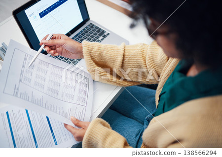 Closeup, financial and woman with documents, laptop and accounting with budget, payment and internet. Person, employee and worker with a pc, paperwork or investment with income, audit or transactions Closeup, financial and woman with documents, laptop and accounting with budget, payment and internet. Person, employee and worker with a pc, paperwork or investment with income, audit or transactions 138566294