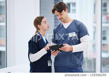 Doctors, man and woman with tablet at hospital with discussion, healthcare and teamwork. Medical professional, nurse and surgeon with digital app for telehealth, insurance website and clinic advice Doctors, man and woman with tablet at hospital with discussion, healthcare and teamwork. Medical professional, nurse and surgeon with digital app for telehealth, insurance website and clinic advice 138566295