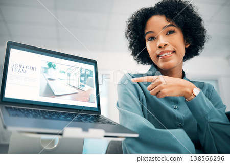 Happy woman, laptop and pointing in hiring, advertising or job opportunity to join team at office. Face of female person smile showing computer screen in recruiting, interview or website at workplace Happy woman, laptop and pointing in hiring, advertising or job opportunity to join team at office. Face of female person smile showing computer screen in recruiting, interview or website at workplace 138566296