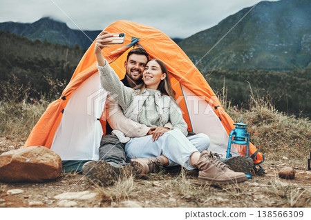 Couple, tent and happy in camping selfie, memory and holiday on web blog, morning and countryside. Man, woman and relax with vacation, social network post and adventure with love, outdoor and freedom Couple, tent and happy in camping selfie, memory and holiday on web blog, morning and countryside. Man, woman and relax with vacation, social network post and adventure with love, outdoor and freedom 138566309