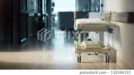 Healthcare, medicine and a bed in the corridor of a hospital after work, ready for an emergency or accident. Medical, wellness and service with a gurney in the empty hallway of a health clinic Healthcare, medicine and a bed in the corridor of a hospital after work, ready for an emergency or accident. Medical, wellness and service with a gurney in the empty hallway of a health clinic 138566355