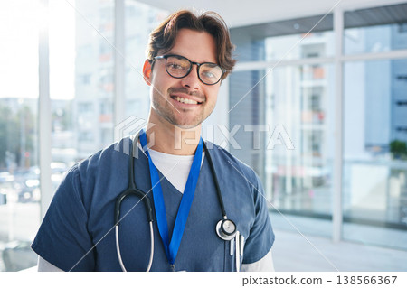 Man, doctor and hospital for healthcare, portrait and smile for career, confident and mindset. Services, medical and professional with confidence, male and work for medicare clinic, insurance and job 138566367
