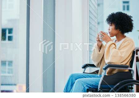Woman, drink coffee and window in wheelchair, thinking and ideas with memory in home for recovery from injury. Girl, tea cup and person with disability, choice or remember in morning rehabilitation Woman, drink coffee and window in wheelchair, thinking and ideas with memory in home for recovery from injury. Girl, tea cup and person with disability, choice or remember in morning rehabilitation 138566380