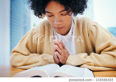 Bible, prayer and woman in home for religion, Christian worship and reading to study. Person, holy book and meditation at desk for God, Jesus Christ and faith in spiritual gospel, praise and hope Bible, prayer and woman in home for religion, Christian worship and reading to study. Person, holy book and meditation at desk for God, Jesus Christ and faith in spiritual gospel, praise and hope 138566383