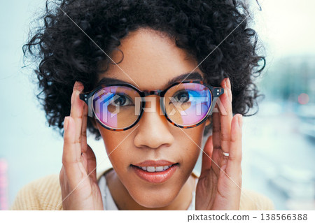 Vision, glasses and woman in portrait with frame for eye care zoom, wellness and prescription lens. Health, face and eyesight improvement, designer eyewear with cosmetic accessory and optometry Vision, glasses and woman in portrait with frame for eye care zoom, wellness and prescription lens. Health, face and eyesight improvement, designer eyewear with cosmetic accessory and optometry 138566388