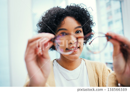 Vision, glasses and woman with frame for eye care, wellness and check lens for prescription closeup. Health, insurance and eyesight improvement, designer eyewear with cosmetic accessory and optometry Vision, glasses and woman with frame for eye care, wellness and check lens for prescription closeup. Health, insurance and eyesight improvement, designer eyewear with cosmetic accessory and optometry 138566389