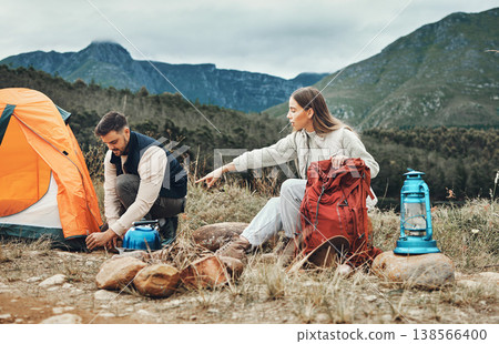 Couple, camping and set up tent in nature for vacation, holiday and travel together. Campsite, man and woman outdoor in preparation for adventure, hiking and trekking in the countryside for freedom Couple, camping and set up tent in nature for vacation, holiday and travel together. Campsite, man and woman outdoor in preparation for adventure, hiking and trekking in the countryside for freedom 138566400