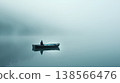 small boat in the middle of a calm lake, a foggy morning, a small figure sitting on it fishing, minimalist photography, a serene and peaceful ambiance 138566476