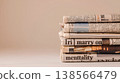 stack of newspapers, the papers should be stacked neatly to symbolize breaking news and a solid beige background, minimalistic style, simple and clean design 138566479