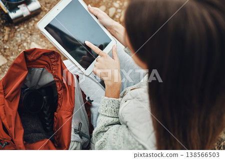 Woman, hands and tablet screen on camp for social media, navigation or outdoor communication in nature. Closeup of female person with technology display, app or mockup for networking or online search Woman, hands and tablet screen on camp for social media, navigation or outdoor communication in nature. Closeup of female person with technology display, app or mockup for networking or online search 138566503