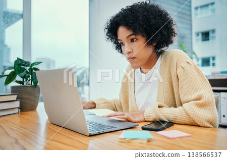 Woman with laptop, typing and notes in home office with research, internet and reading ideas for freelance project. Remote work, web report and girl with computer, thinking or writing online feedback Woman with laptop, typing and notes in home office with research, internet and reading ideas for freelance project. Remote work, web report and girl with computer, thinking or writing online feedback 138566537