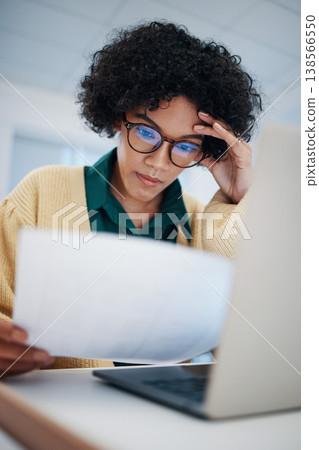 Woman, stress and reading finance paperwork with tax audit, debt and loan overdraft, laptop and accounting. Bills, asset management and financial mistake with document, inflation and bankruptcy Woman, stress and reading finance paperwork with tax audit, debt and loan overdraft, laptop and accounting. Bills, asset management and financial mistake with document, inflation and bankruptcy 138566550
