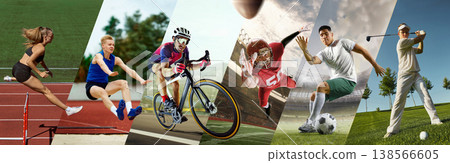 Athletes collage showing track field cycling football and golf actions in dynamic composition. Athletes collage showing track field cycling football and golf actions in dynamic composition. 138566605