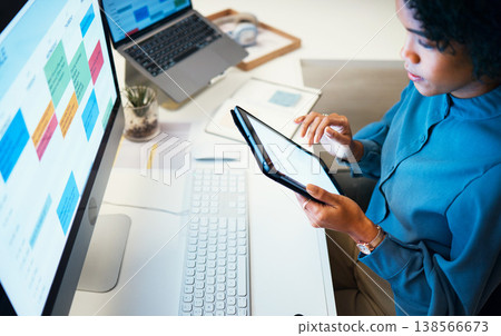 Woman with computer, notebook and schedule in office, agenda and reminder for office administration. Online calendar, charts and girl at desk planning spreadsheet for time management with high angle. Woman with computer, notebook and schedule in office, agenda and reminder for office administration. Online calendar, charts and girl at desk planning spreadsheet for time management with high angle. 138566673