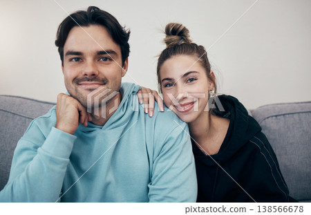 Smile, portrait and couple relax on a sofa with care, hug and support at home together. Love, face and happy young people in a living room bonding, chilling and enjoy weekend, relationship or day off Smile, portrait and couple relax on a sofa with care, hug and support at home together. Love, face and happy young people in a living room bonding, chilling and enjoy weekend, relationship or day off 138566678