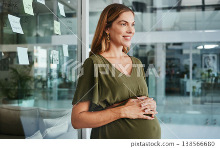 Woman, pregnancy and office by glass board for thinking, ideas and inspiration with business for goals. Entrepreneur, brainstorming and problem solving for solution, process and smile in workplace 138566680