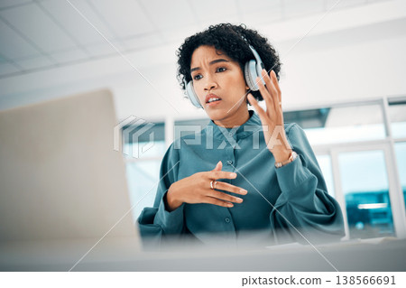Woman is confused, laptop glitch and headphones, video conference for presentation, tech and online meeting. Communication fail, 404 or error during virtual discussion, webinar and corporate training Woman is confused, laptop glitch and headphones, video conference for presentation, tech and online meeting. Communication fail, 404 or error during virtual discussion, webinar and corporate training 138566691