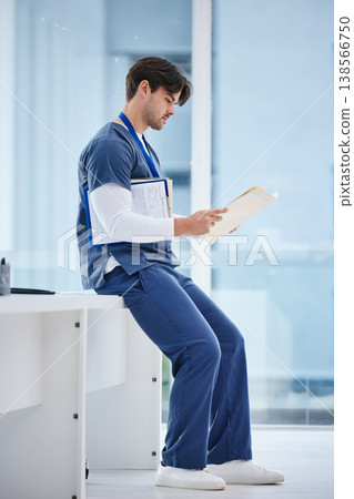 Medical folder, doctor and man reading health results, healthcare records or clinic compliance policy. Services, medicine research and profile of nurse, surgeon or expert check paperwork portfolio 138566750
